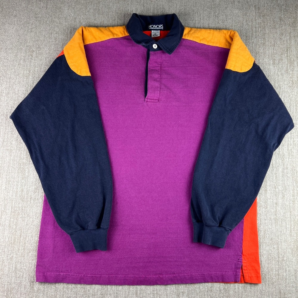 Vintage 90s Honors Rugby Shirt Mens Large Purple Orange Colorblock Long Sleeve